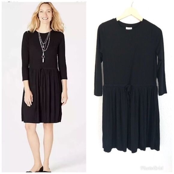 J.JILL Pleated Knit Midi‎ Dress Black Drawstring Waist 3/4 Sleeve A-Line XS - Picture 1 of 8
